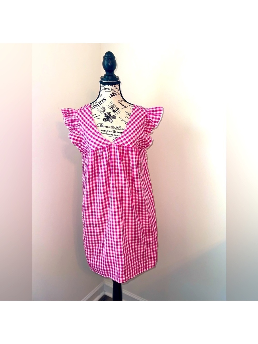 SHEIN Women's Pink and White Gingham Boho Mini Dress, Small